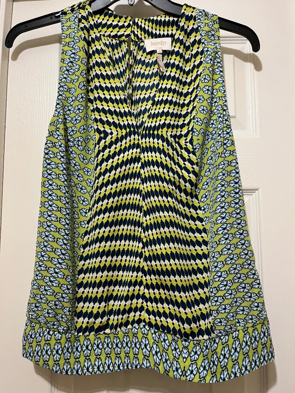 Sleeveless top by Laundry, size 10. Navy, lime and yellow print.